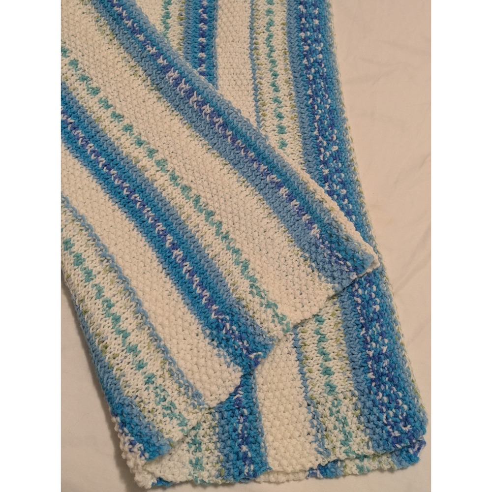Vtg Handmade Crocheted Afghan Throw Baby Blanket Blue Green White‎ Stripes 48x58